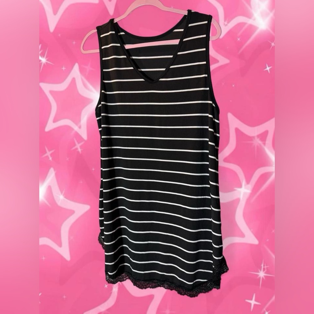 SHEIN Plus Striped Contrast Lace Curved Hem Pajama Nightdress New No Tags